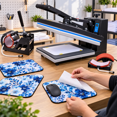 5-in-1 heat press sublimation machine by ShopeeFast Pakistan featuring a digital flat heat press, mug press, cap press and two plate heating attachments on a white background.