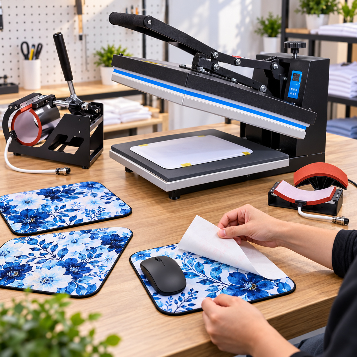 5-in-1 heat press sublimation machine by ShopeeFast Pakistan featuring a digital flat heat press, mug press, cap press and two plate heating attachments on a white background.