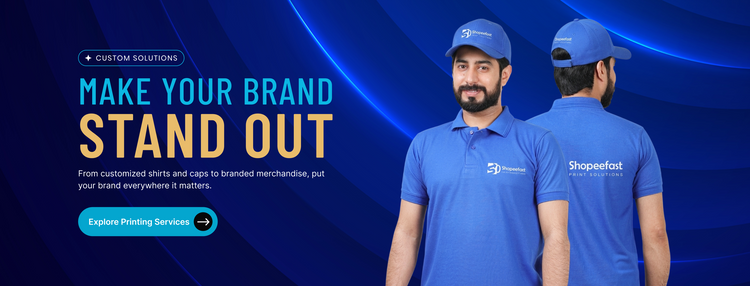 Custom branded blue polo shirts and caps to make your corporate brand stand out. Shopeefast custom printing solutions for business apparel.